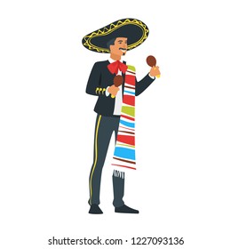 Vector flat style young Mexican Mariachi musician in sombrero playing maracas. Beautiful man character in traditional costume. Minimalism design with people silhouettes.