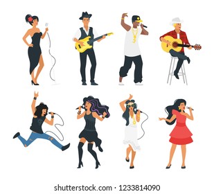 Vector flat style young singer with microphone and musician with instruments set. Singing rock, jazz, hip-hop and pop beautiful woman and man character. Minimalism design with people silhouettes.