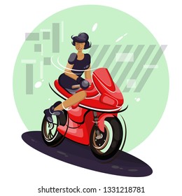 Vector flat styled illustration with fashion attractive girl sitting on red motorbike. Modern flat design. Isolated on white