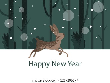 Vector flat styled illustration with running through forest rabbit on the background with trees