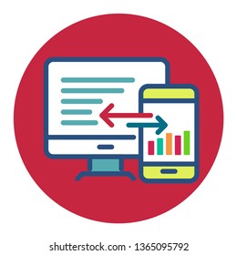 Vector flat stylish cartoon icon of information exchange between mobile application and computer programs in the red circle, interaction symbol, automation of computer technology, management