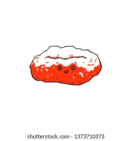 Vector flat stylish cartoon watercolor icon of cute watercolor donut in icing sugar isolated on white background, hand-drawn character, orange cute sweet bagel with eyes and smile eps 10
