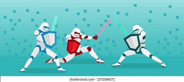 Vector flat stylish horizontal cartoon icon of star wars of lightning warriors fighting in light swords in white armor and with colorful shields, pixel background lightsaber eps 10 moskup