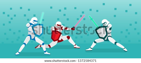 Vector flat stylish horizontal cartoon icon of star wars of lightning warriors fighting in light swords in white armor and with colorful shields, pixel background lightsaber eps 10 moskup
