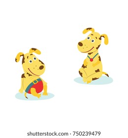 vector flat stylized cute dog characters set. Male spotted yellow colored animal with dog tag, pendant and another one in pantssitting at floor smiling. isolated illustration on a white background.