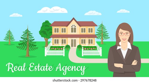 Vector flat stylized horizontal illustration of realtor, real estate agent, attractive young smiling woman standing with crossed arms in front of the landscape of a country house.