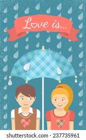 Vector flat stylized illustration of boy and girl in love looking at each other under a checkered umbrella in the rain with ribbon. Valentine's Day celebration design. Grunge effect