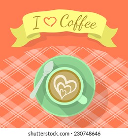 Vector flat stylized illustration of a cappuccino cup on a checkered tablecloth with ribbon and inscription