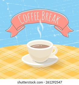Vector flat stylized illustration of a coffee cup on a checkered tablecloth with ribbon and inscription. Grunge texture.