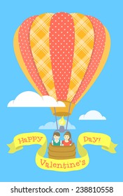 Vector flat stylized illustration of a couple in love flying in a hot air balloon with ribbon and greeting inscription. Valentine's Day card design.