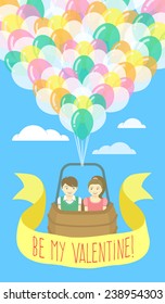 Vector flat stylized illustration of a couple in love flying on balloons with ribbon and greeting inscription. Valentine's Day card design.
