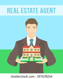 Vector flat stylized illustration of realtor, real estate agent, attractive young smiling man holding in his hands the model of a house. 