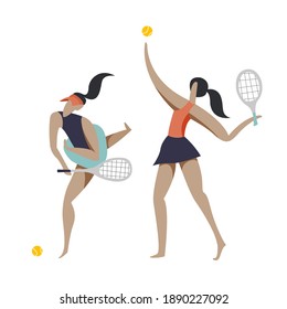vector flat stylized illustration with young sports girls in stylish outfits playing tennis on a white background. all elements are isolated. Can be used for website designs, flyers, posters, t-shirts