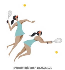 vector flat stylized illustration with young sports girls in stylish outfits playing tennis on a white background. all elements are isolated. Can be used for website designs, flyers, posters, t-shirts