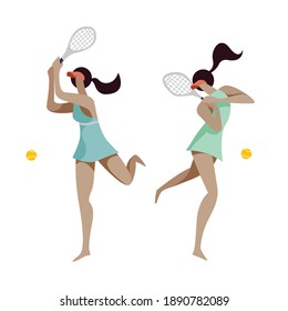 vector flat stylized illustration with young sports girls in stylish outfits playing tennis on a white background. all elements are isolated. Can be used for website designs, flyers, posters, t-shirts