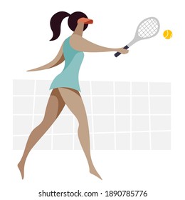vector flat stylized illustration with a young sports girl in stylish clothes playing tennis on the background of a stylized tennis net. all elements are isolated. the background can be removed.