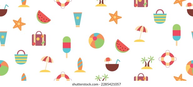 Vector flat summer background. Seamless pattern with palm tree, ice cream, ball, starfish, surf and other summer things. Suitable for textile decoration, advertising and gift wrapping.