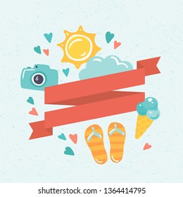 Vector flat summer banner with ribbon. Poster with flat icons for summer holiday advertising. Cute cartoon illustration. Sun, beach sneakers, cloud, photocamera, icecream and hearts