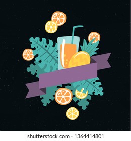 Vector flat summer banner with ribbon. Summer poster with flat icons. Cute doodle illustration of summer events advertizing. Fruit juice, pineapple, orange and lemons with leafs