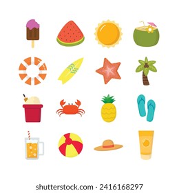 Vector flat summer or beach elements collection. Sun, Ice Cream, Buoy, Surfboard, Starfish, Coconut Tree, Watermelon, Bucket filled with sand, Crab, Pineapple, Sandal, Coconut Ice, Glass of Beer, Ball