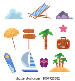 Vector flat summer beach elemetns, symbols set. Clouds, palms, island, flip flops, lounger, surf sun umbrella sailing ship star pointer and suitcase with stamps. Isolated illustration white background