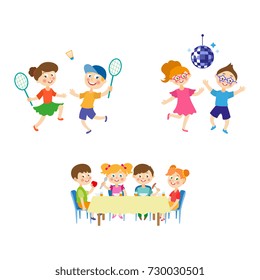 vector flat summer camp kids activity set. Girls and boys playing badminton, dancing at party under disco ball, eating porridge, fruits vegetables at table. Isolated illustration on a white background