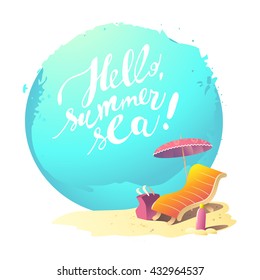 Vector flat summer cartoon illustration. Sea coast, sand, sky. Rest holiday accessories on the sand.  Sunbed, umbrella, bag, cream bottle. Lettering, text message. Summer postcard, advertising, poster