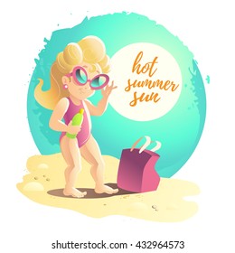 Vector flat summer cartoon illustration. Sea coast, sand, sky. Young cute smiling girl in sunglasses standing on sand. Summer postcard, advertising, poster. Text message.
