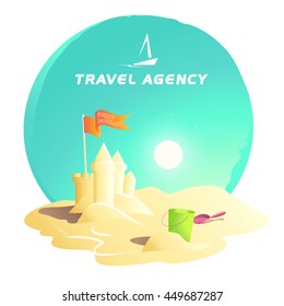 Vector flat summer holiday illustration. Travel agency company logo insignia. Boat, ship, yacht icon. Cartoon style. Sea rest accessory. Season advertising backdrop. Flayer, banner, poster card design