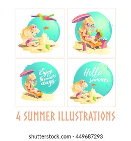 Vector flat summer holiday illustration group. Baby girl cute character. Cartoon style. Sea rest accessory. Season advertisement background set. Party invitation, flayer, banner, poster, card backdrop