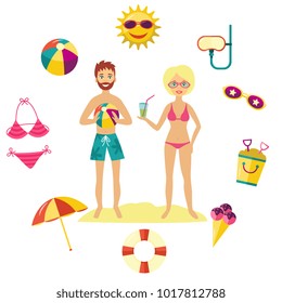 Vector flat summer holiday people and symbols set. Girl man in swimsuit, shorts on beach sand, ball sun in sunglasses, umbrella diving mask ice cream elements. Illustration isolated, white background