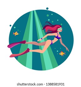 vector flat summer icon of sexy cute girl diver underwater in violet swimsuit and flippers mask swimming with fish under the ocean sea, print for T-shirt, character, eps 10 fluttering hair, vacation