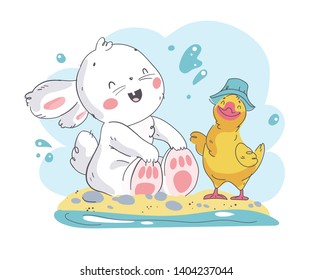 Vector flat summer illustration of cute white baby bunny character and little duck sitting on beach. Hand drawn style. For baby calendar, baby shower, birthday card, tee print, sticker, nursery etc.