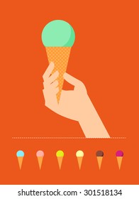 Vector flat summer illustration with ice cream and hands. Ice cream icon design template. Friendly and warm.