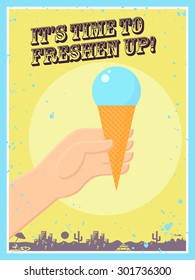 Vector flat summer illustration with ice cream and hands. Ice cream icon design template. Friendly and warm.