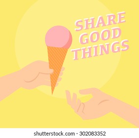 Vector flat summer illustration with ice cream and hands. Ice cream icon design template. Friendly and warm.