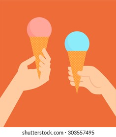 Vector flat summer illustration with ice cream and hands. Ice cream icon design template. Friendly and warm.