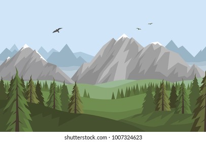 Vector flat summer landscape with beautiful mountains and forest