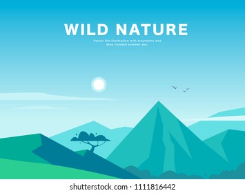 Vector flat summer landscape illustration with mountains, sun, tree and blue clouded sky. Perfect for travel and camping tours posters, placards, flayers, leaflets and banners. Nature beautiful view.