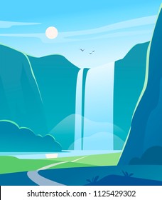 Vector flat summer landscape illustration with waterfall, river, mountains, sun, forest on blue clouded sky. Perfect for travel camping tour poster, placard, flayer, leaflet, banner. Nature view.