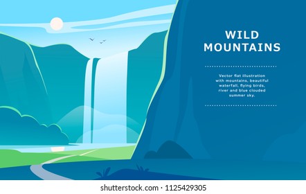 Vector flat summer landscape illustration with waterfall, river, mountains, sun, forest on blue clouded sky. Perfect for travel camping tour poster, placard, flayer, leaflet, banner. Nature view.