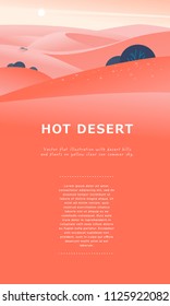 Vector flat summer landscape illustration with desert hills and dunes on clear hot sunny sky. Perfect for touristic advertisement, tour poster, placard, flayer, leaflet, banner. Nature beautiful view.
