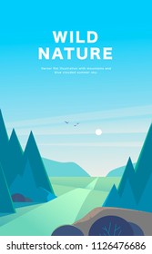 Vector flat summer landscape illustration with mountains, sun, fir trees, road, bush, meadows and blue clouded sky. Perfect for travel and camping tours posters, placards, flayers, leaflets & banners