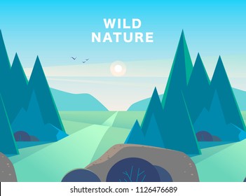 Vector flat summer landscape illustration with mountains, sun, fir trees, road, bush, meadows and blue clouded sky. Perfect for travel and camping tours posters, placards, flayers, leaflets & banners