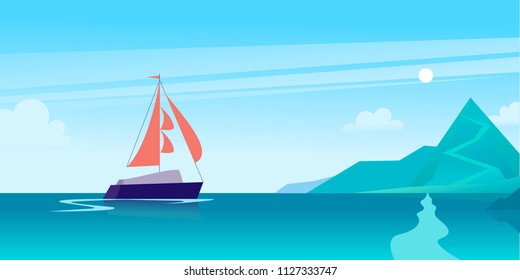 Vector flat summer landscape illustration with ship sailing across the ocean towards coast with mountains on blue clouded sky. Perfect for sea tours & travel poster, placard, flayer, leaflet, banners.