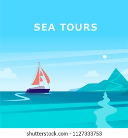 Vector flat summer landscape illustration with ship sailing across the ocean towards coast with mountains on blue clouded sky. Perfect for sea tours & travel poster, placard, flayer, leaflet, banners.