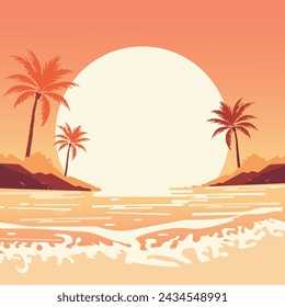 
Paisaje de verano plano vectorial con puesta de sol y palmeras.
