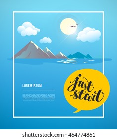 Vector flat summer simple illustration. Nature view with mountain, sea, sky, sun, clouds, water, birds, landscape. Conversation balloon with text message. Banner, poster, placard, card design template