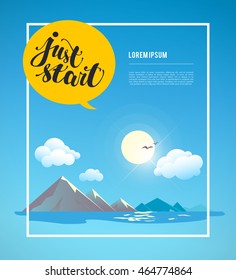 Vector flat summer simple illustration. Nature view with mountain, sea, sky, sun, clouds, water, birds, landscape. Conversation balloon with text message. Banner, poster, placard, card design template