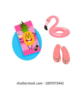 Vector flat summer symbols, fruit characters in sunglasses icon set. Pineapple sunbathing lying at mattress in pool, inflatable flamingo pool ring, flip flops. Isolated illustration, white background